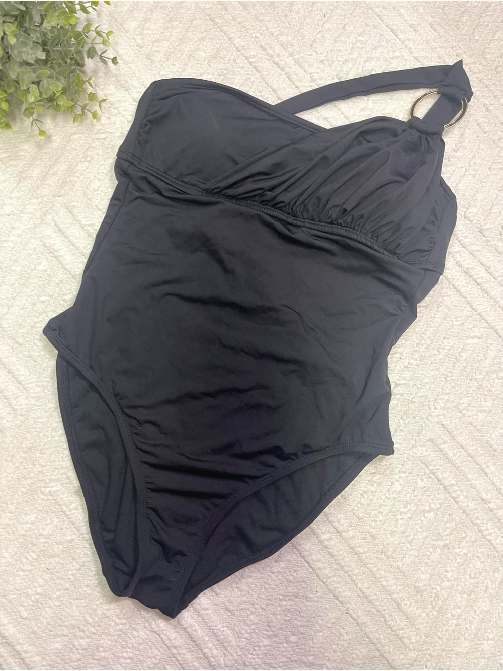 Kenneth Cole Black One-Shoulder Swimsuit with Gold Ring Accent Size M